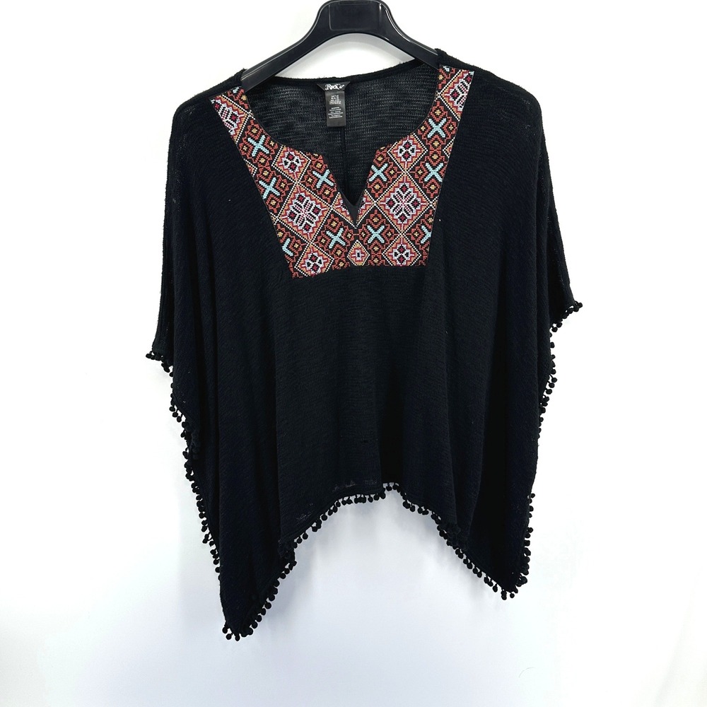 Rock 47 Poncho Women Medium Black Geometric Embroidered Pom Pom Trim Relaxed USA